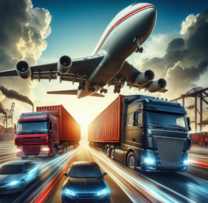 Logistics truck and plane on a dynamic background